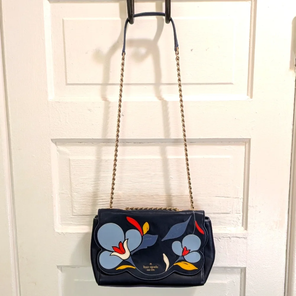 kate spade Black Floral Appliqué Leather Shoulder Bag